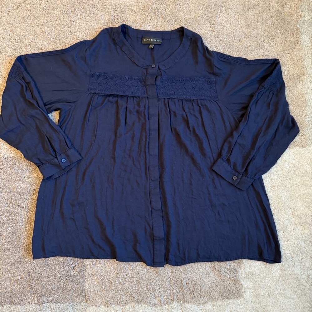 Lane Bryant Navy Blue Crochet Lace Rayon Blouse Long Sleeve Top Women 18/20‎